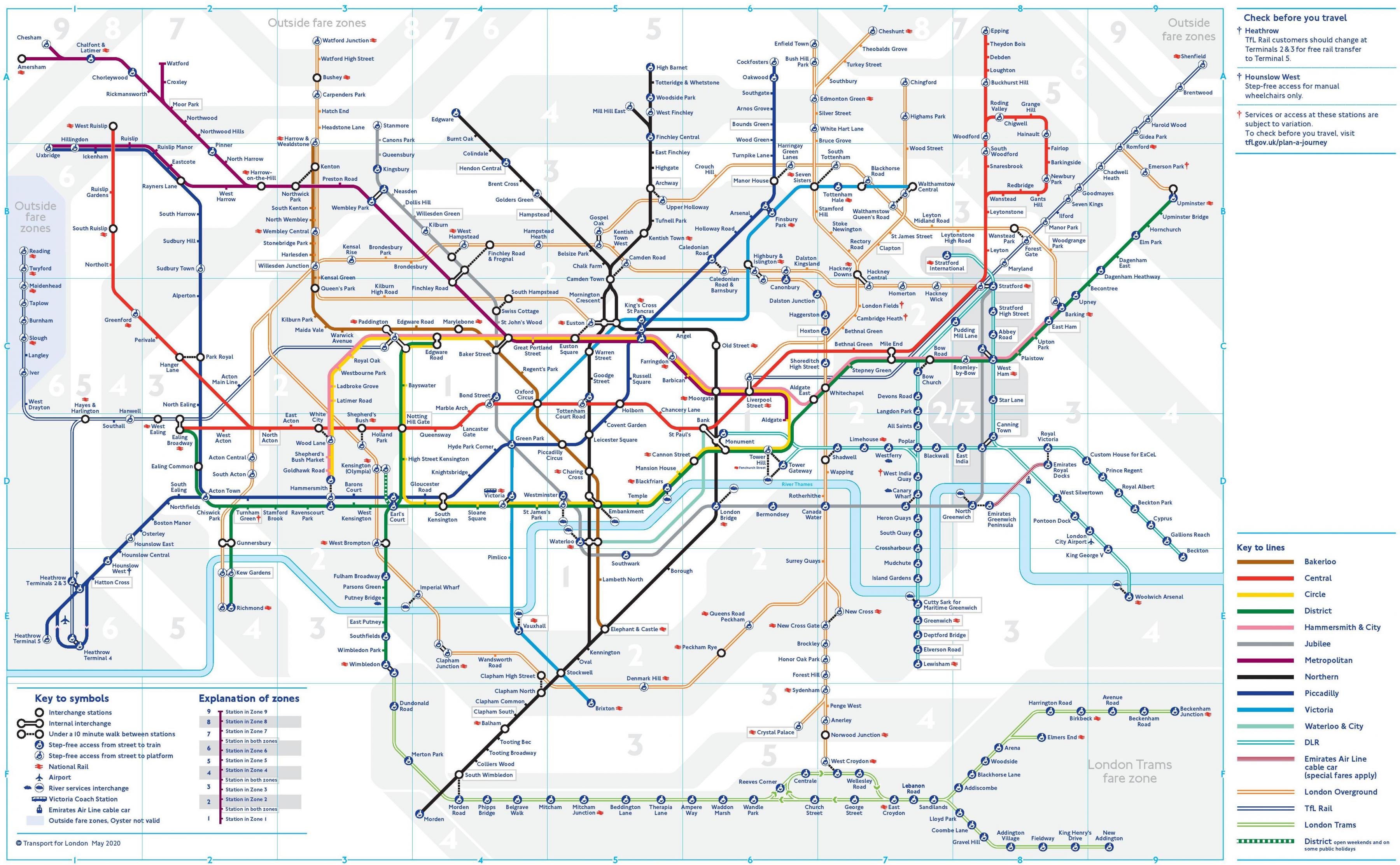 London tube map - Londense metro en spoor kaart (Engeland)