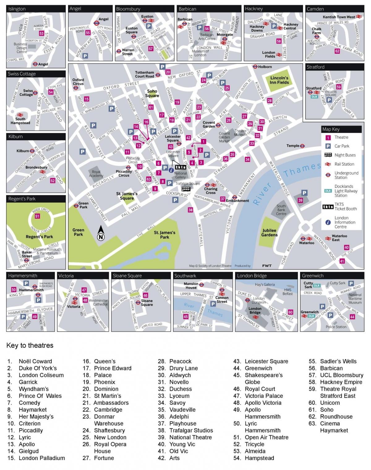 kaart van de theaters van Londen