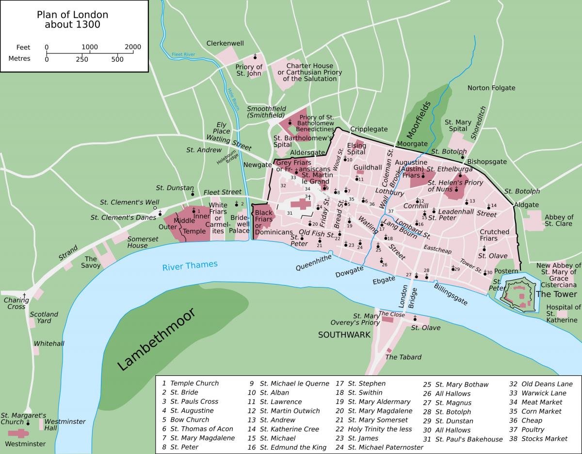 kaart van het middeleeuwse Londen